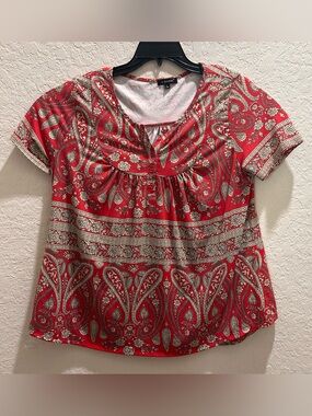 A.Jesdani Women’s Shirt, Short Sleeve, Dark Red Paisleys, Large